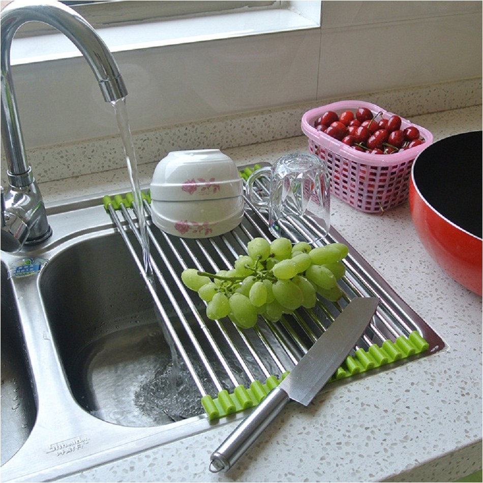 2 colors multipurpose roll up dish drying rack stainless silicone colander foldable sink drainer tray storage