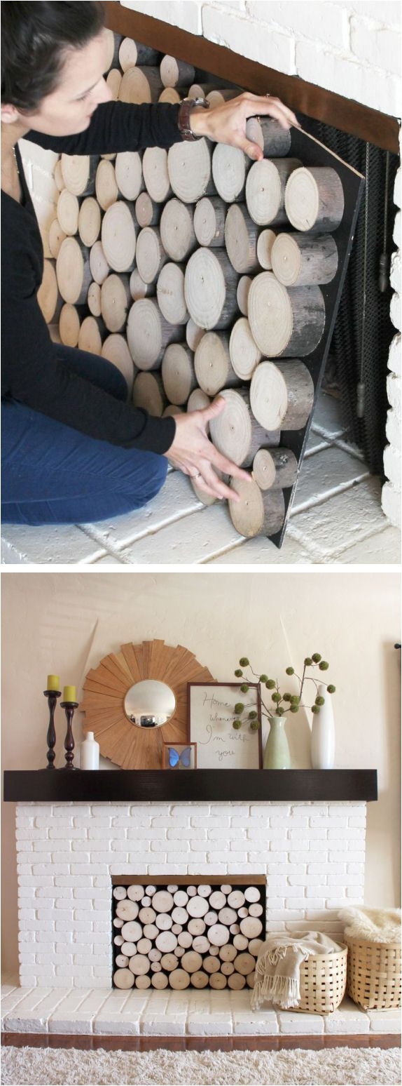diy faux stacked wood fireplace this is one of the prettiest fireplace decorations i have seen great project to welcome springtime and summer when your