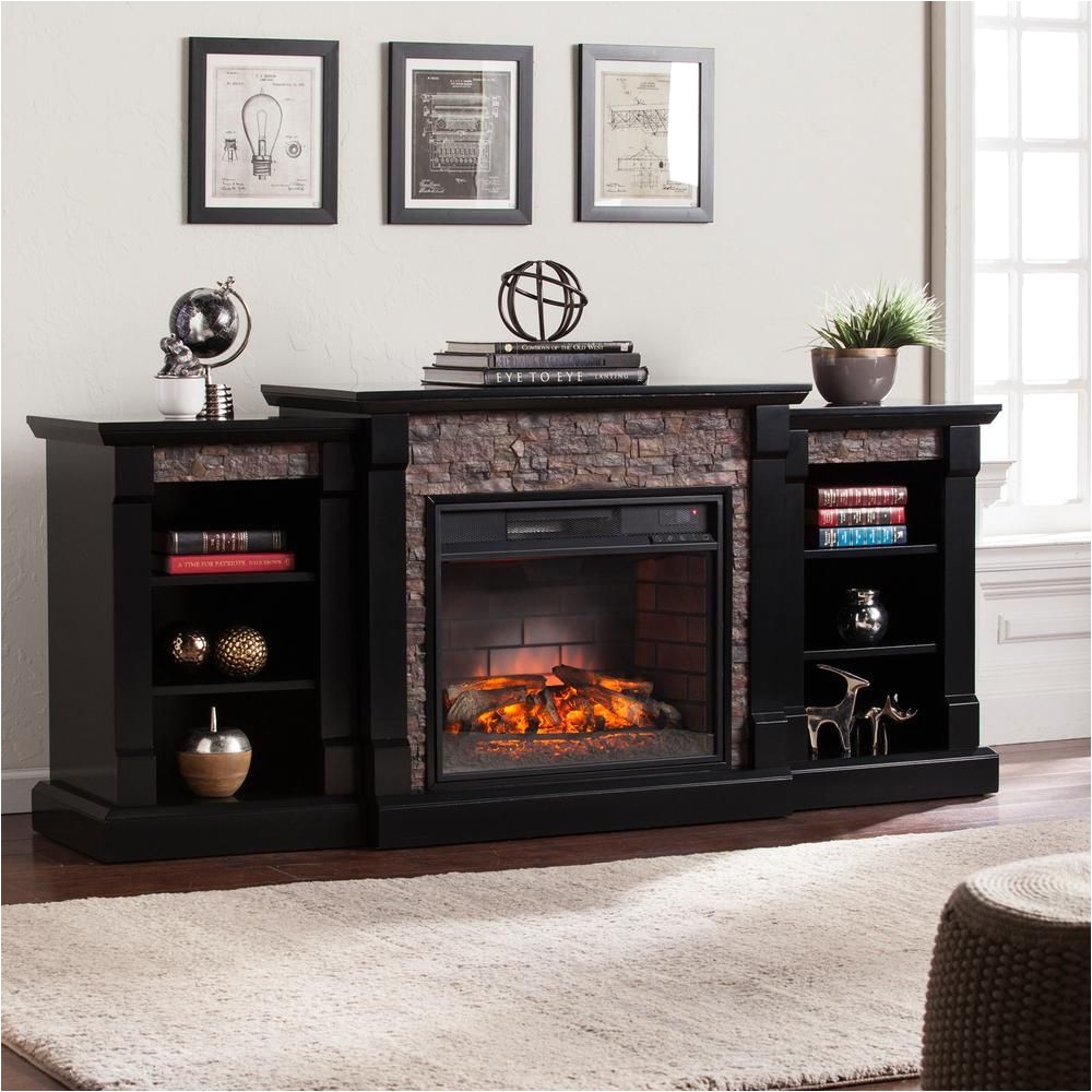 w infrared faux stone electric fireplace with bookcases in satin black