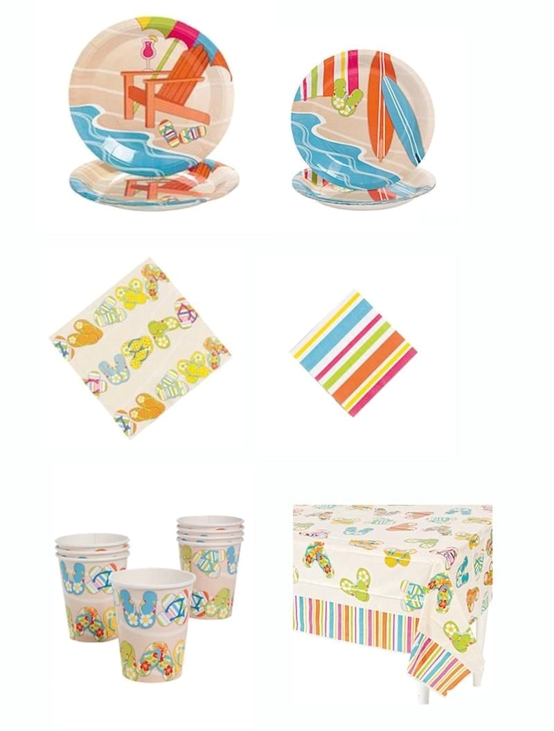 bright beach flip flop party supply pack for 8 includes plates luncheon plates dessert plates luncheon napkins beverage napkins 1 tablecover