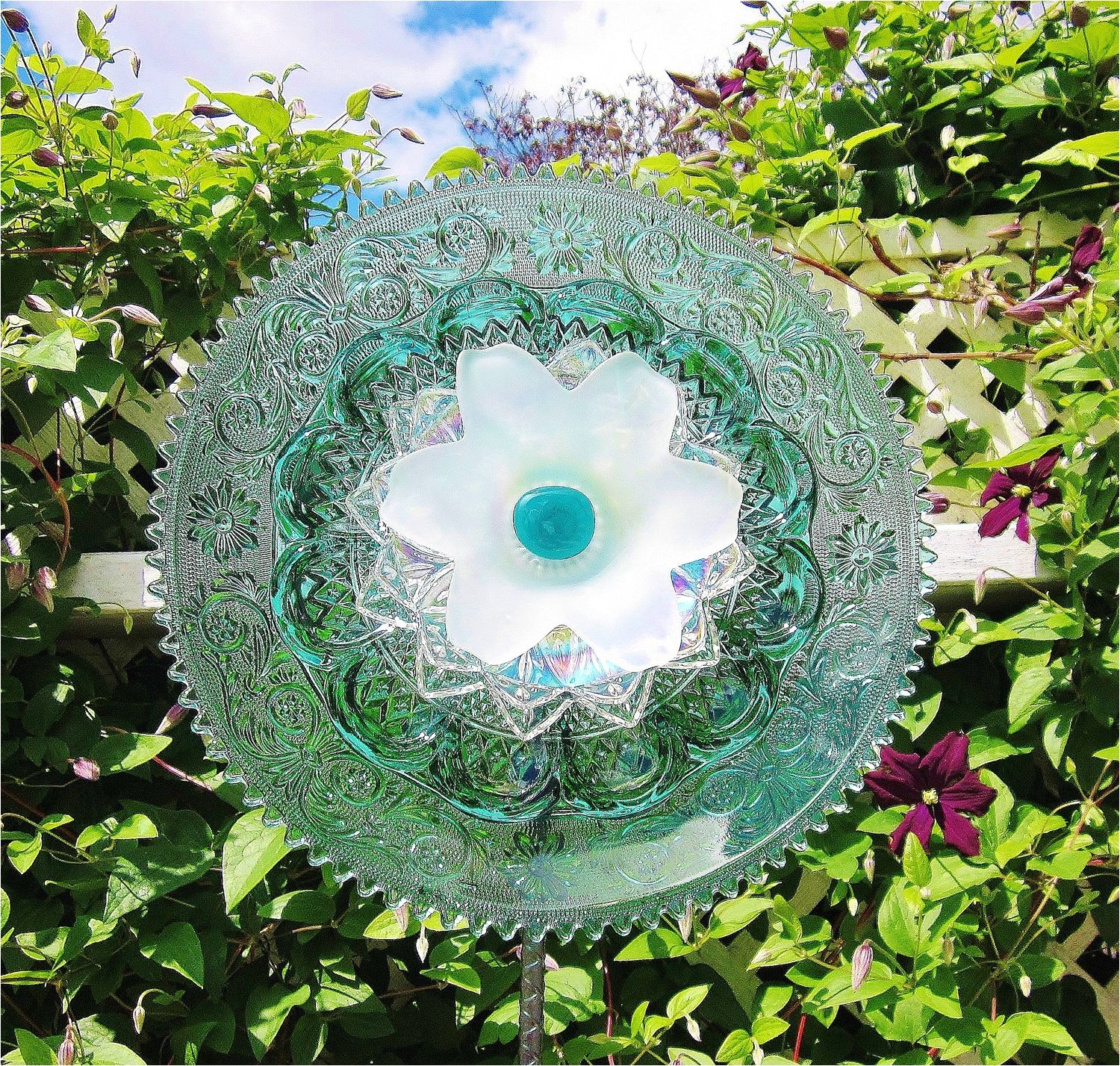 glass yard art teal garden art plate glass flower yard suncatcher upcycled repurposed