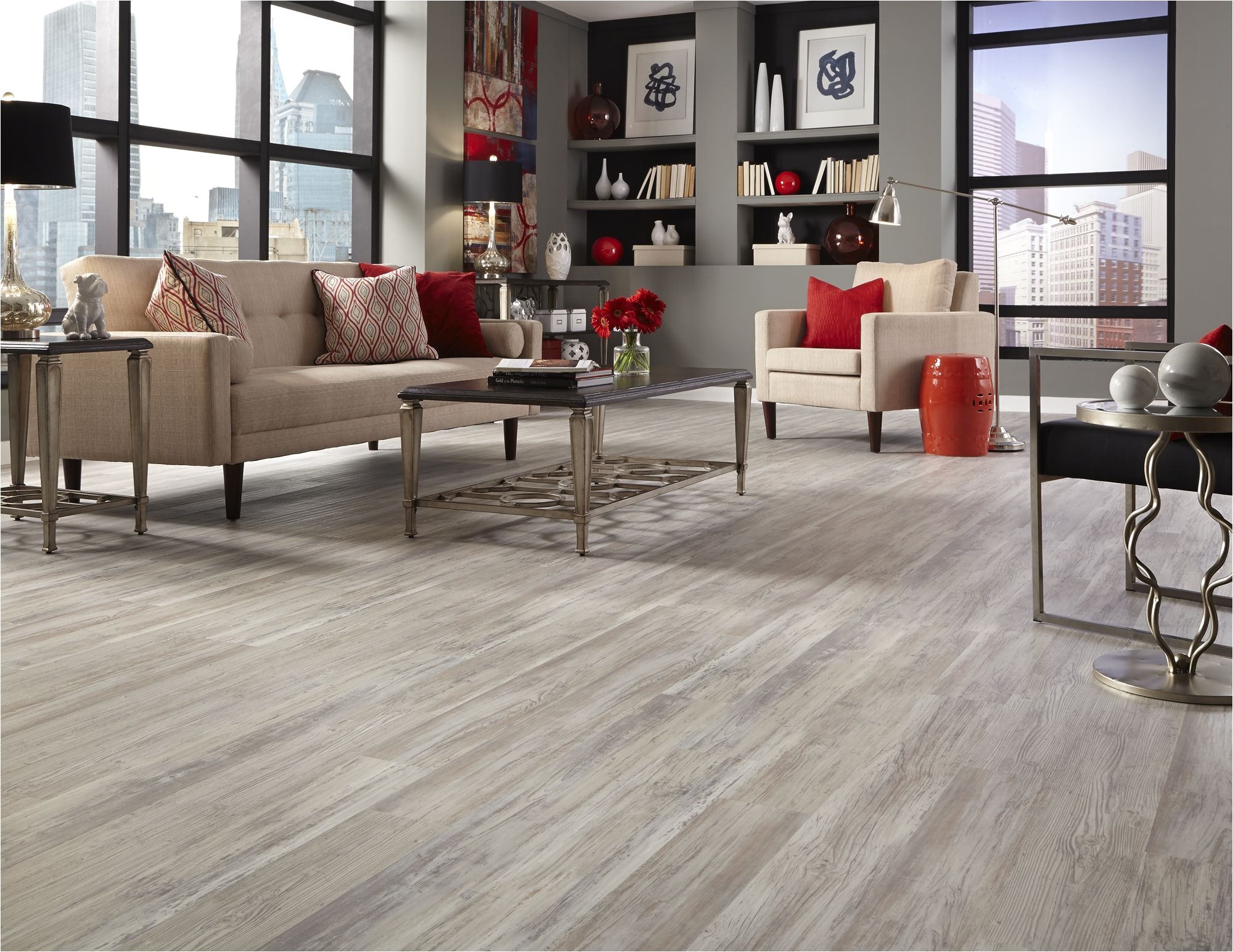 add casual charm to your home with affordable on trend grizzly bay oak waterproof lvp it features light airy creams tans grays for a stylish look