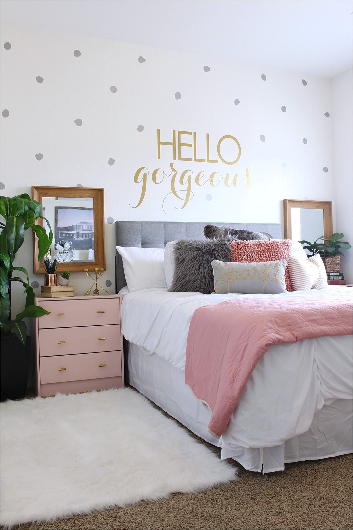 teen room makeover ideas www classyclutter net love the combo of grey and blush pink with the metallic gold those pink nightstands are so cute