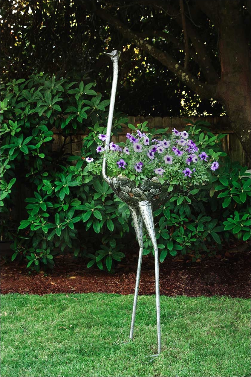 recycled metal ostrich plant holders art sculpture handmade in africa swahili modern
