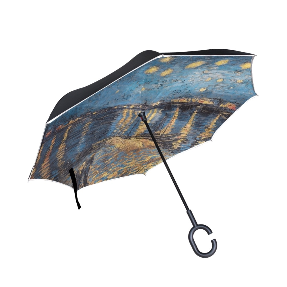 van gogh art oil painting reverse umbrella windproof double layer starry night inverted umbrella for car