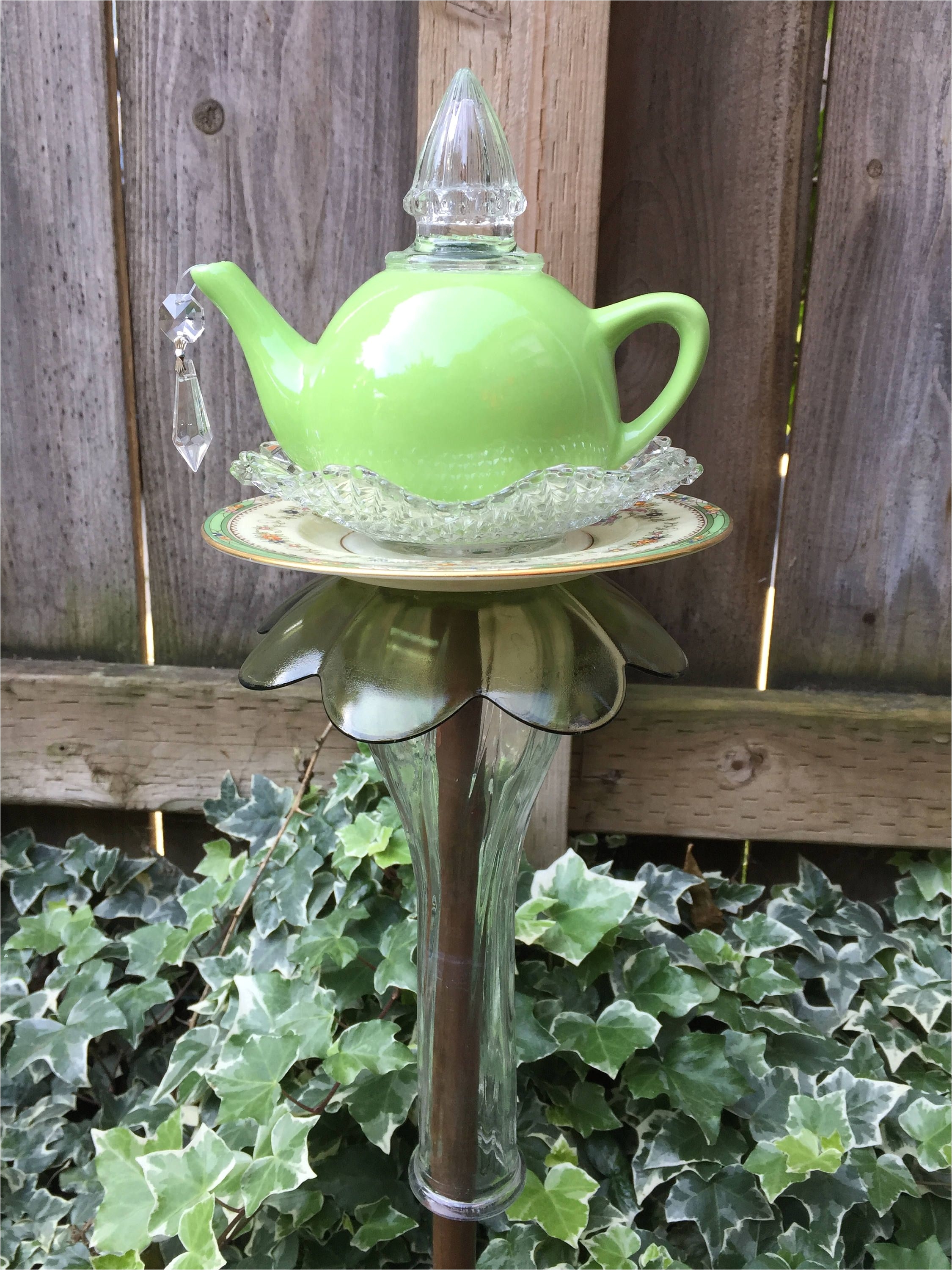 tea pot totem garden art vintage glass yard art by fancysgarden on etsy