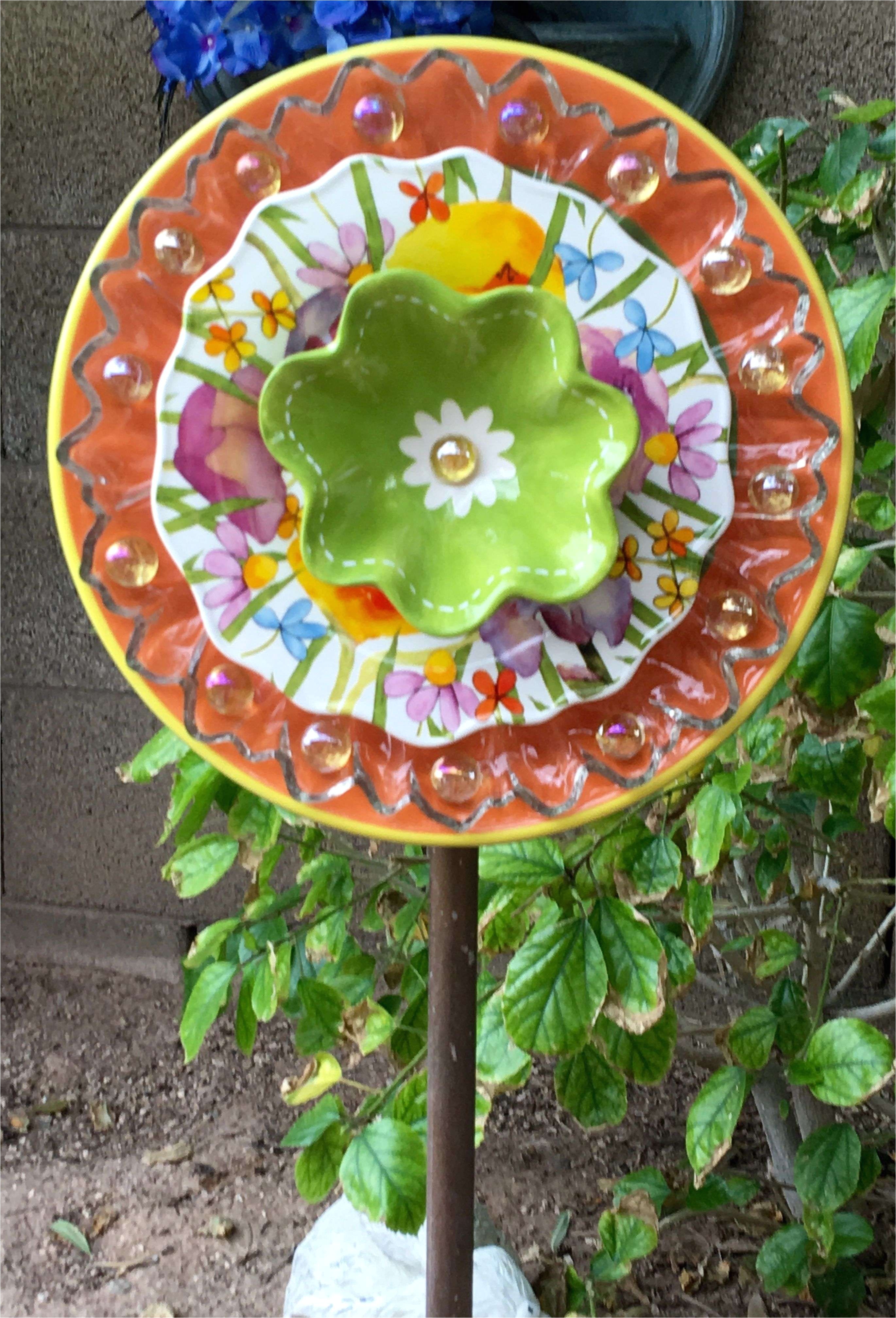 happy colorful plate flower garden art jk