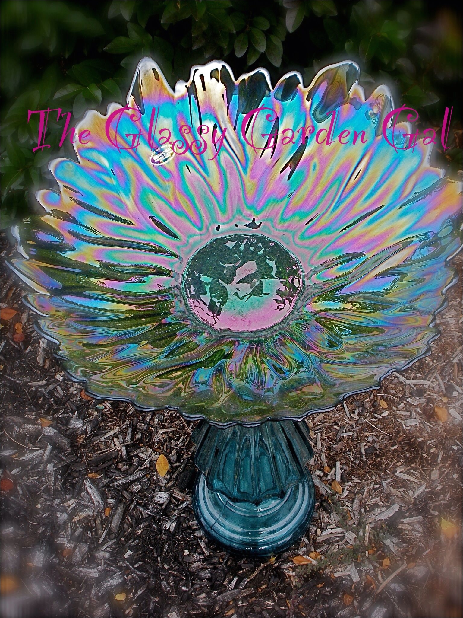 Glass Plate Flower Garden Art Glass Bird Bath Glass Garden Art Yard Art Repurposed Recycled Up