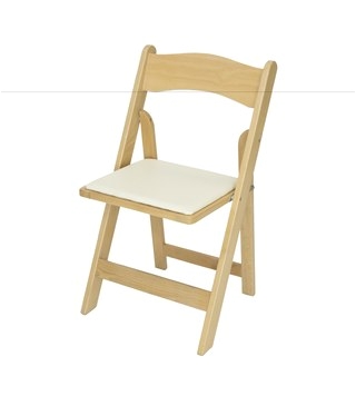 natural wood folding chair with ivory vinyl padded seat