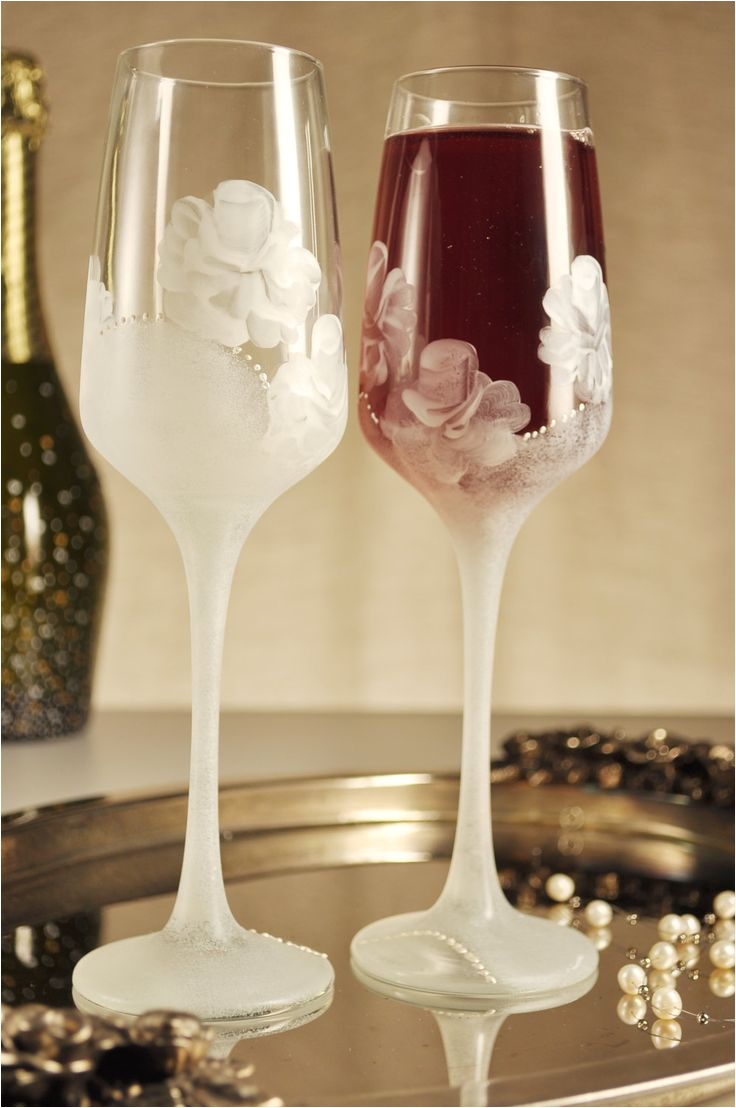 wedding glasses white rose champagne flutes by paintedglassbiliana