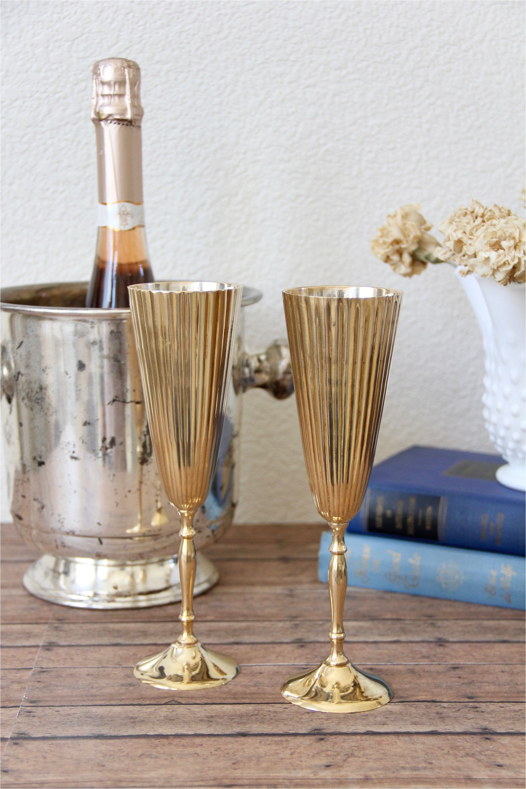 set of 2 vintage brass champagne flutes with a ribbed design champagne flutes brass
