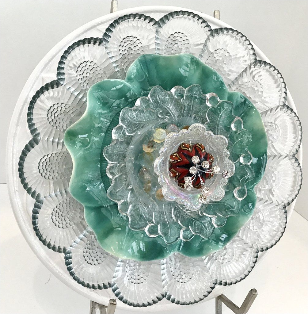 etched glass and green porcelain flower art
