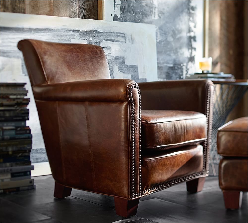 irving leather armchair with nailheads pottery barn