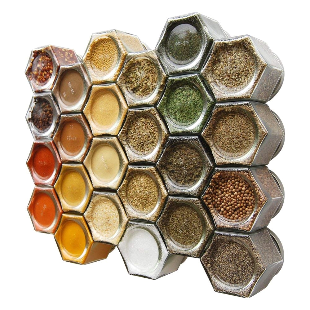 amazon com gneiss spice everything spice kit 24 magnetic jars filled with standard organic spices hanging magnetic spice rack large jars silver lids