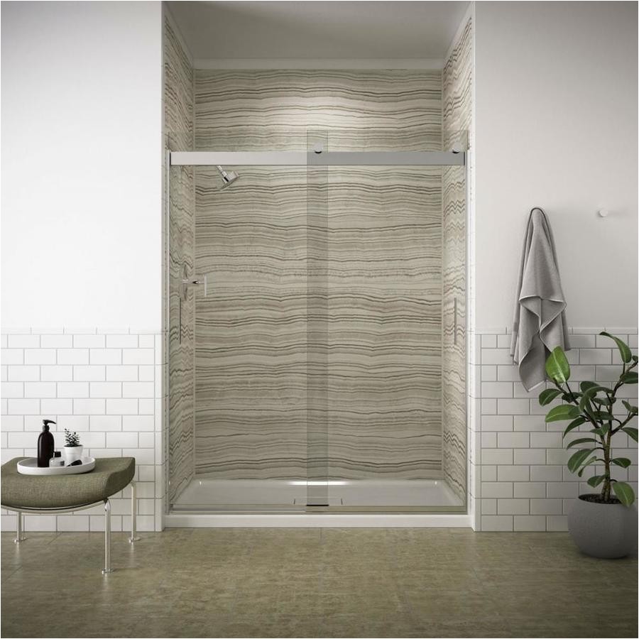 kohler levity 56 625 in to 59 625 in frameless brushed nickel sliding shower door