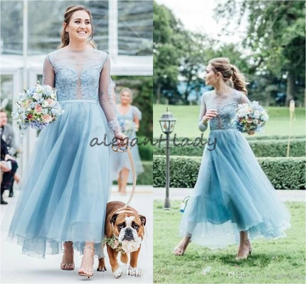fashion lace country bridesmaids dresses a line sheer bateau neck long sleeves wedding guest dress