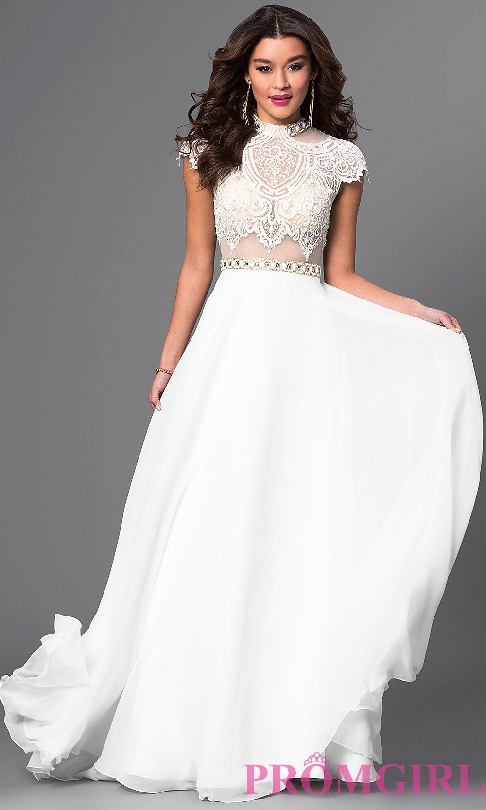 image of floor length high neck cap sleeve lace top dress front image