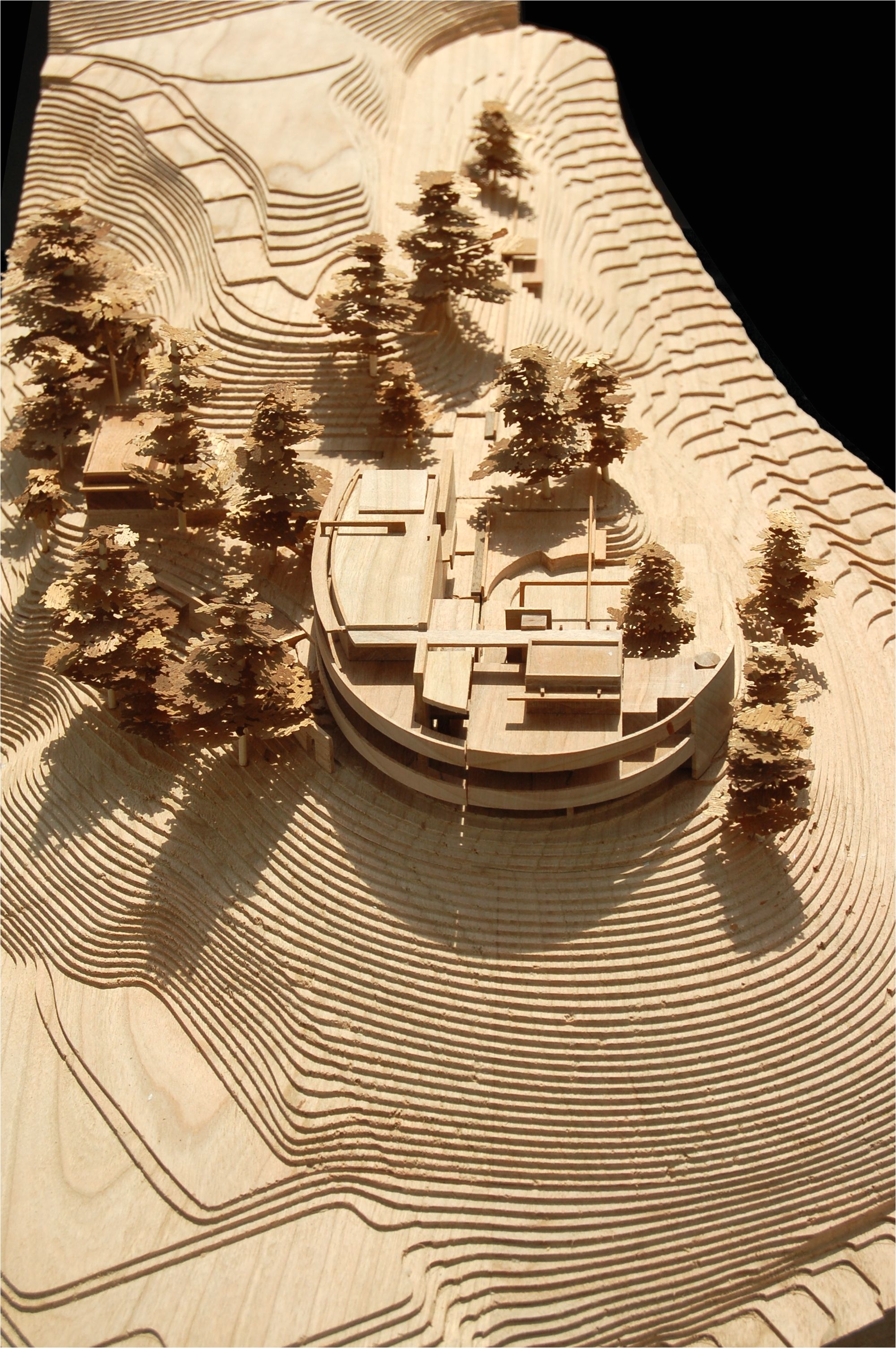 laser cut architecture model tom de marrom interessante para arvores contrastando com madeira clara