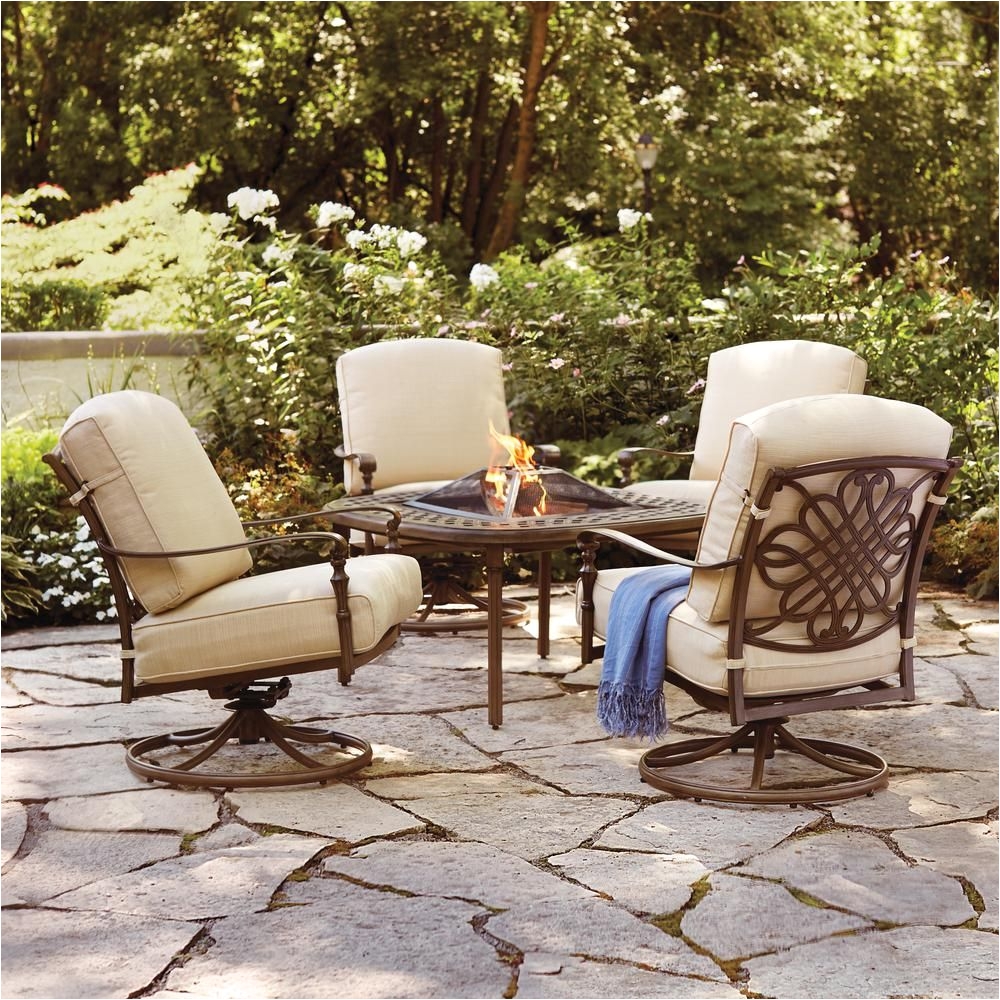hampton bay cavasso 5 piece metal patio fire pit conversation set with oatmeal cushions patio fire pits and patios