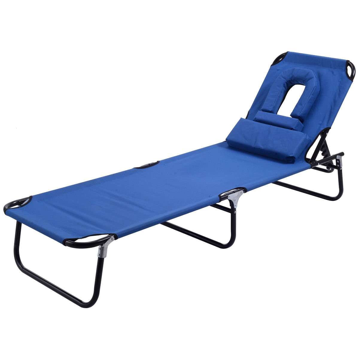 goplus folding chaise lounge chair bed outdoor patio beach camping recliner w hole for face pool yard blue