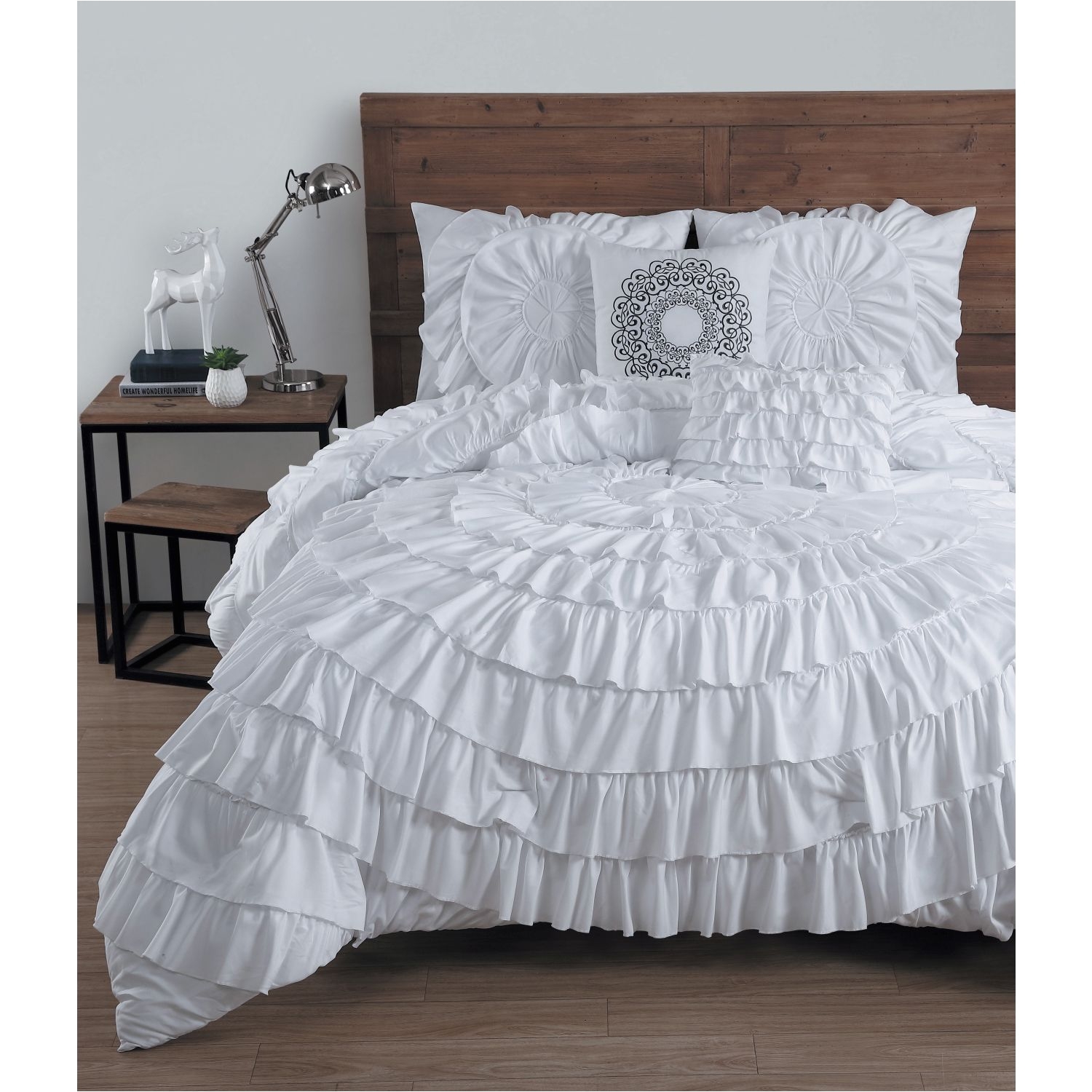 get an expensive designer look for less this elegant comforter set easily adds style and class to your bedroom featuring beautiful circular ruffles