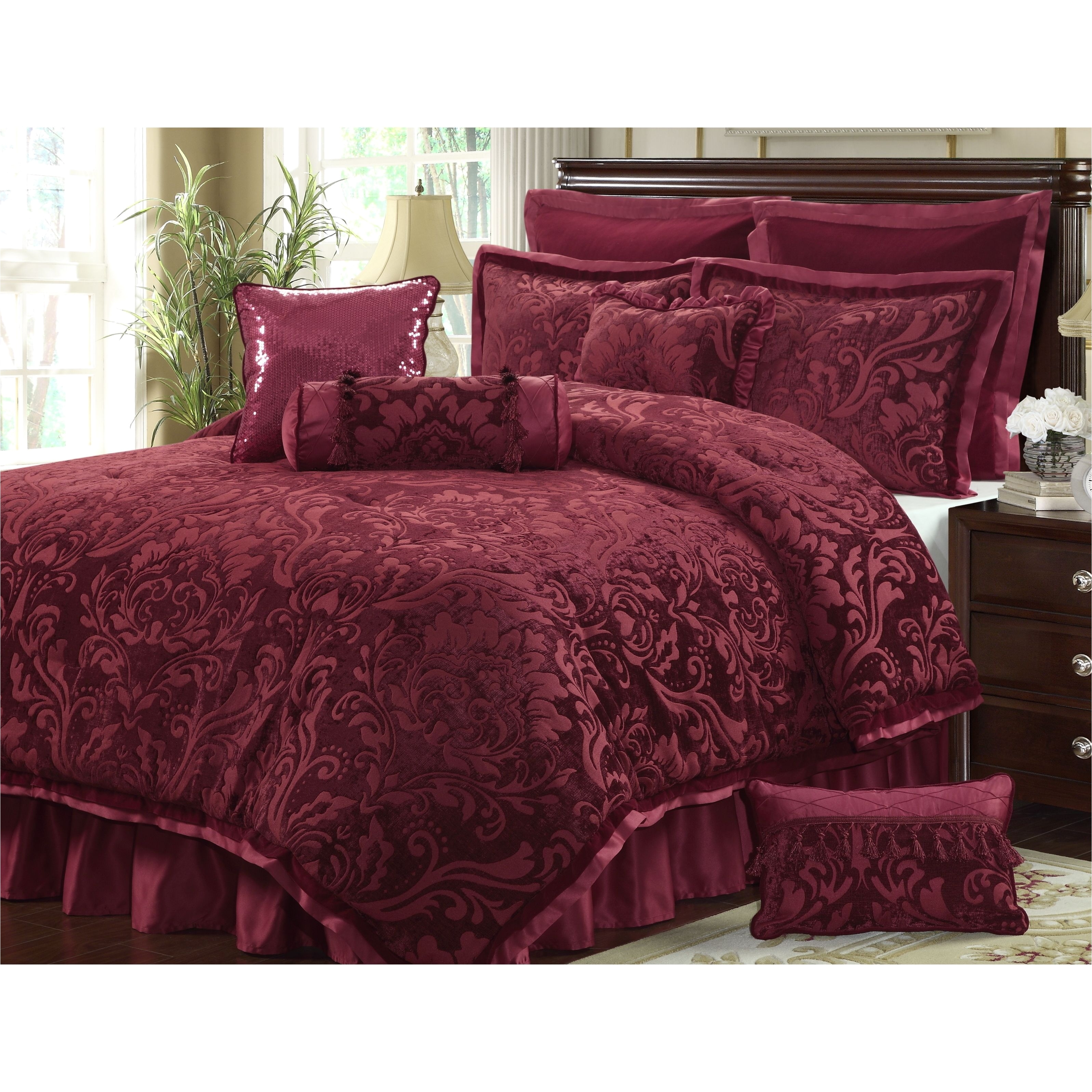 accentuate your bedroom with the waldorf 10 piece bedding ensemble in a wine red finish