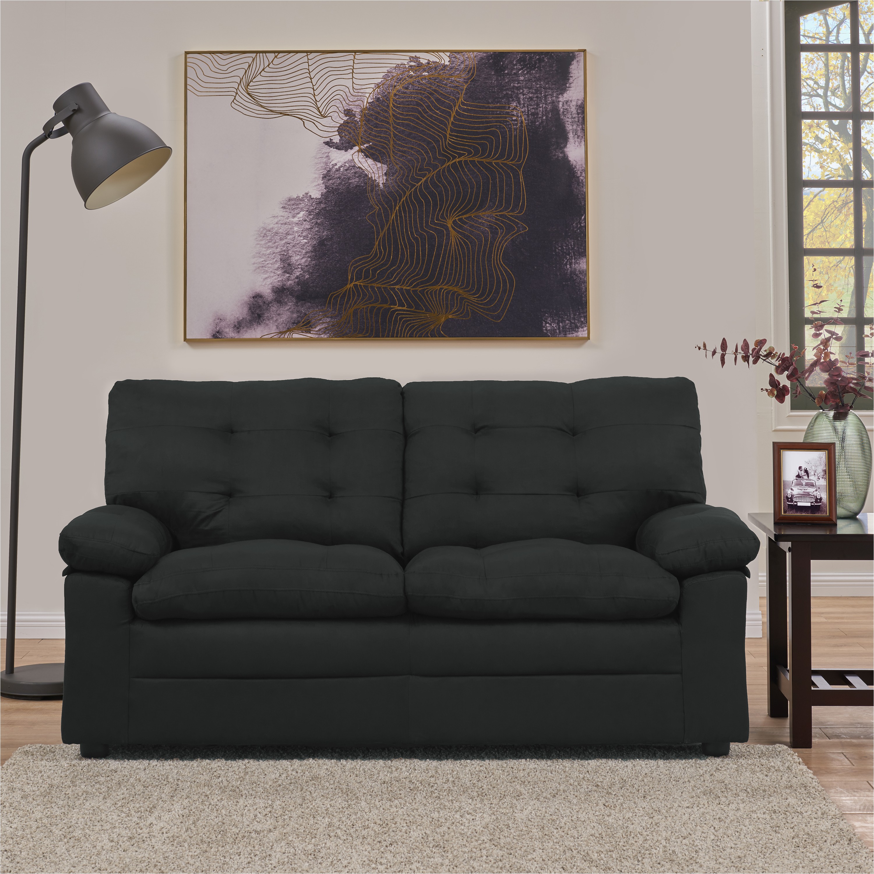 Mainstays Buchannan sofa Black Faux Leather Mainstays Buchannan Upholstered Apartment sofa Black Walmart Com