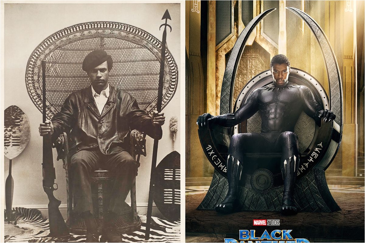 a 1960s poster of black panther party founder huey p newton left inspired a promotion poster for marvel s black panther movie right
