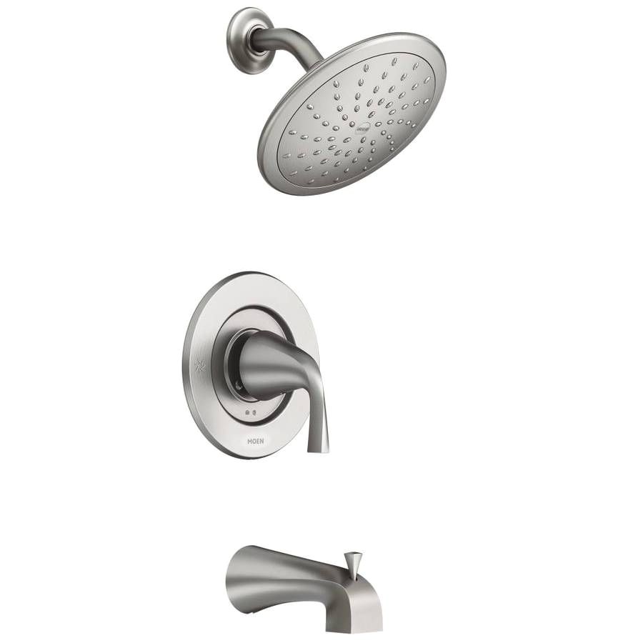 shop moen oxby spot resist brushed nickel 1 handle bathtub and shower faucet with rain showerhead at lowes com