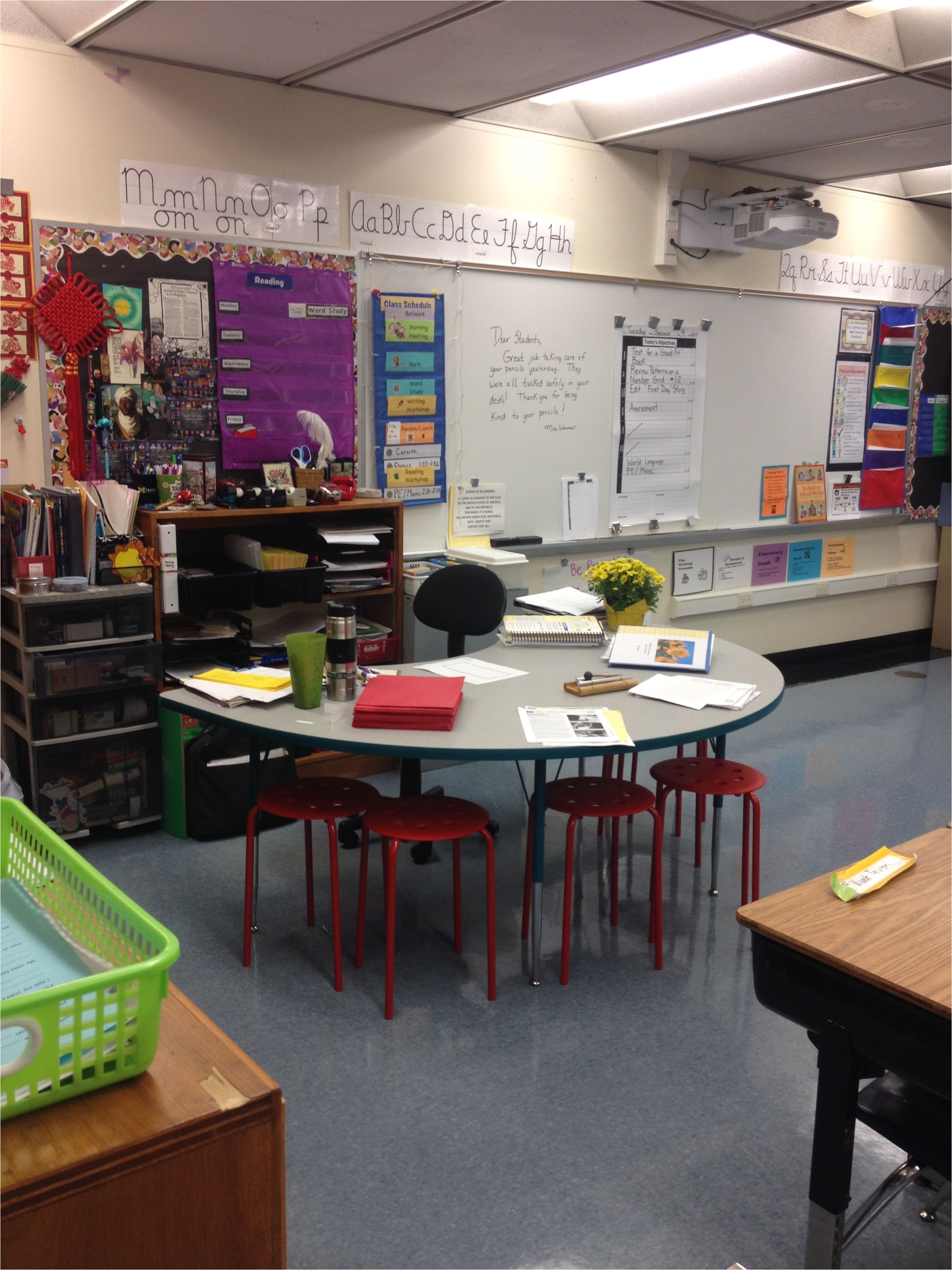 rm 104 teacher s table area front of room whiteboard projector red stools at teacher s desk used for one on one or small group work