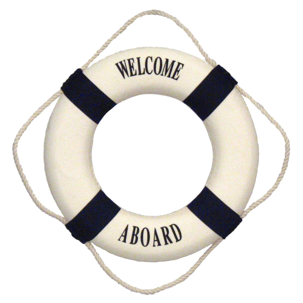 blue welcome aboard life preserver