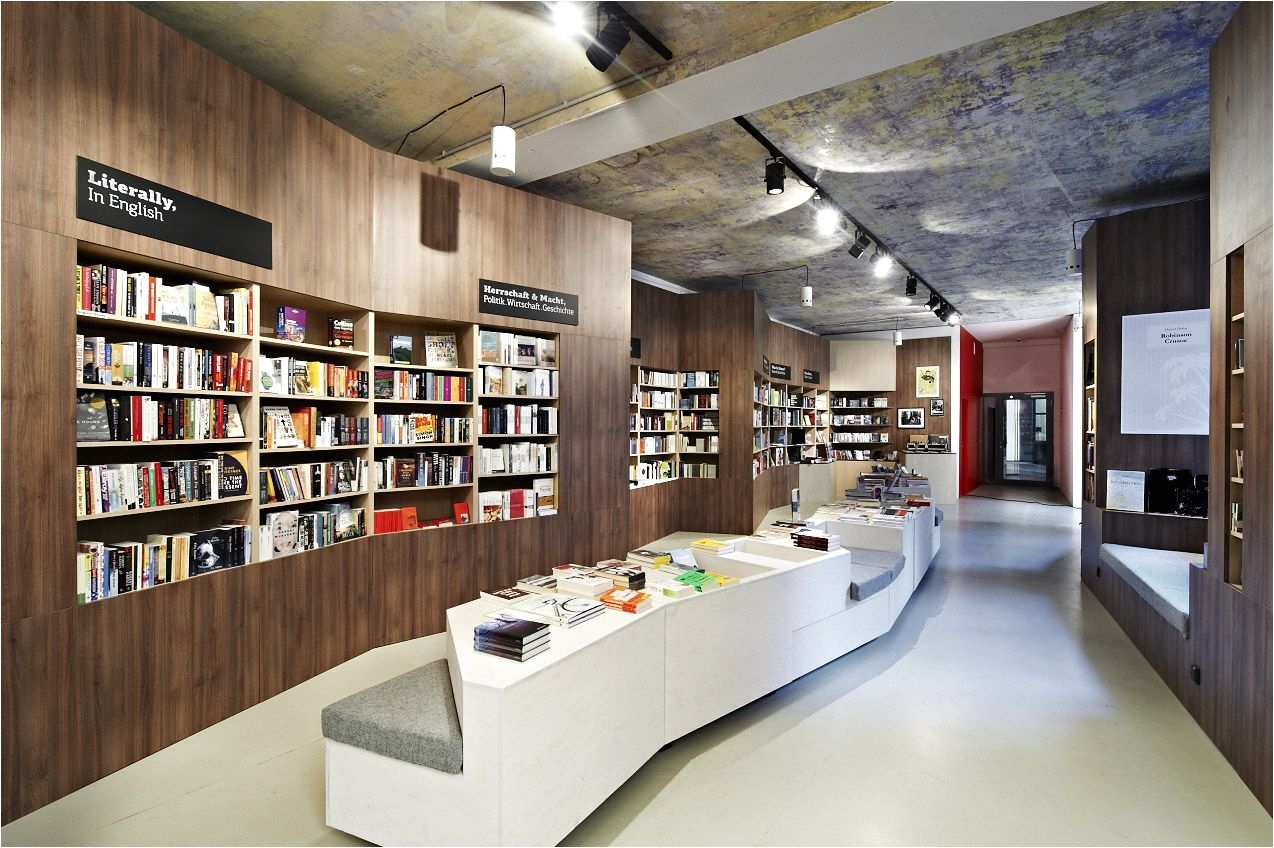 long narrow bookstore interior design