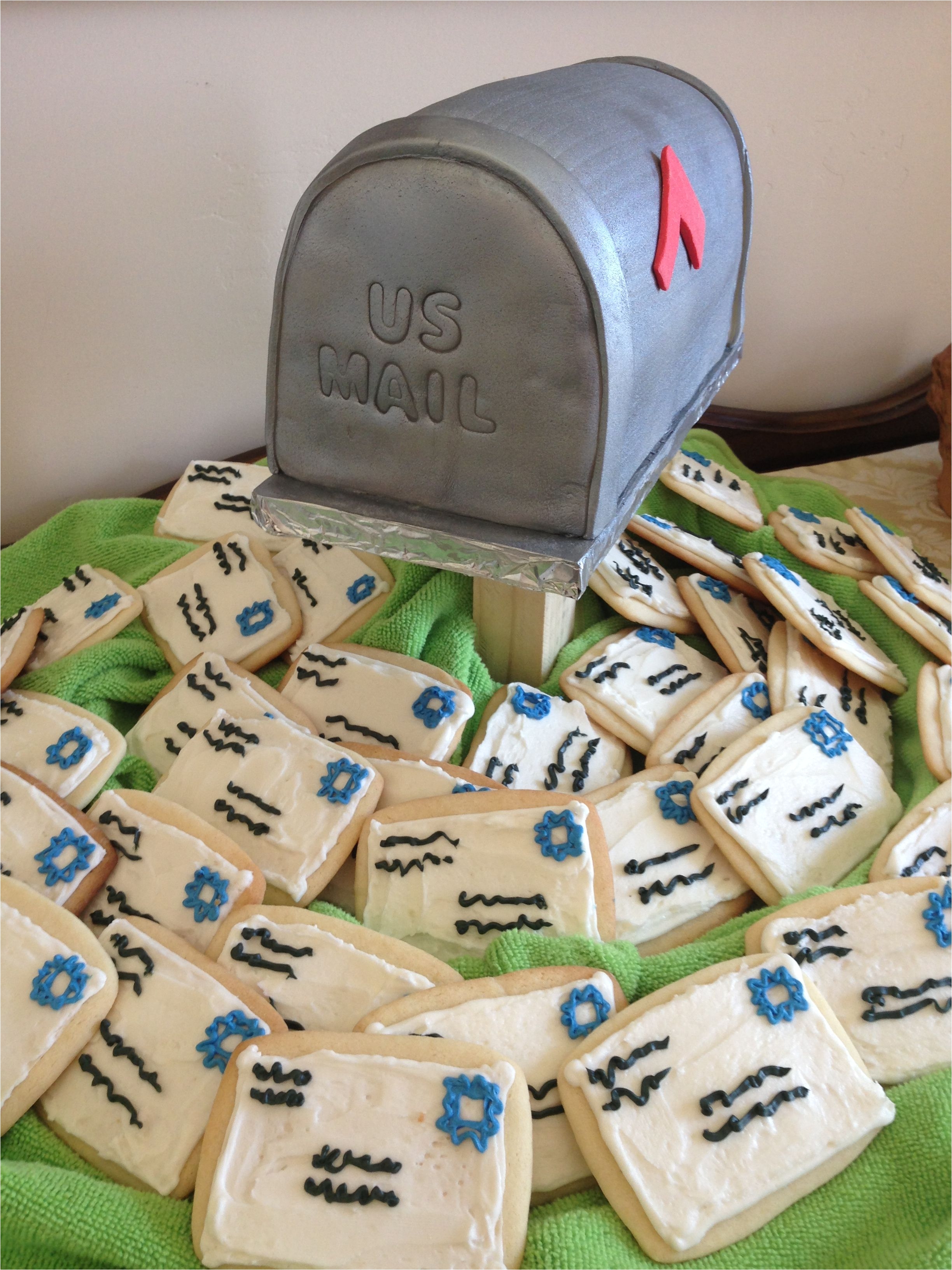 dads post office retirement cake and cookies used spray color to make it silver