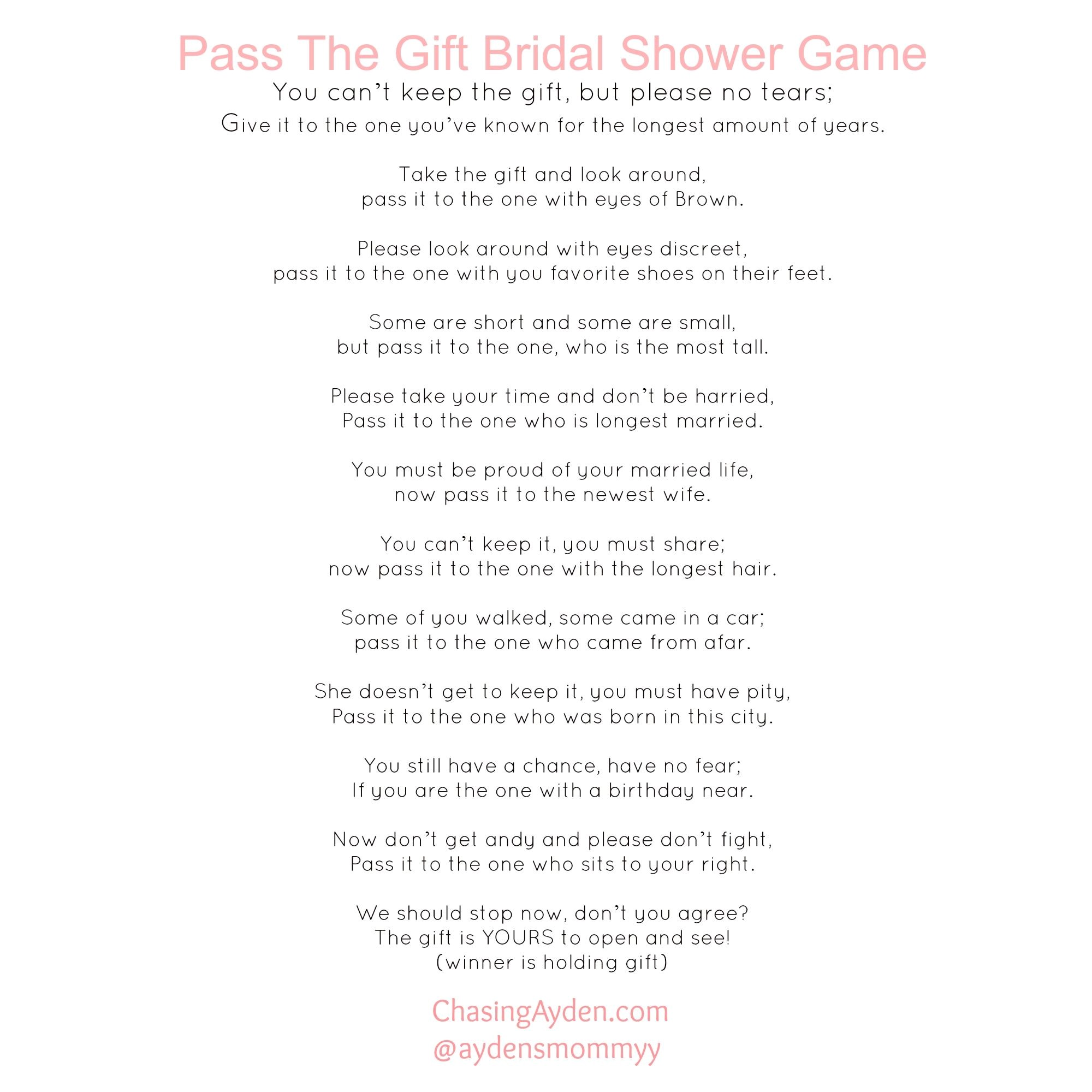 pass the gift bridal shower game free printable httpchasingayden poem pictures high