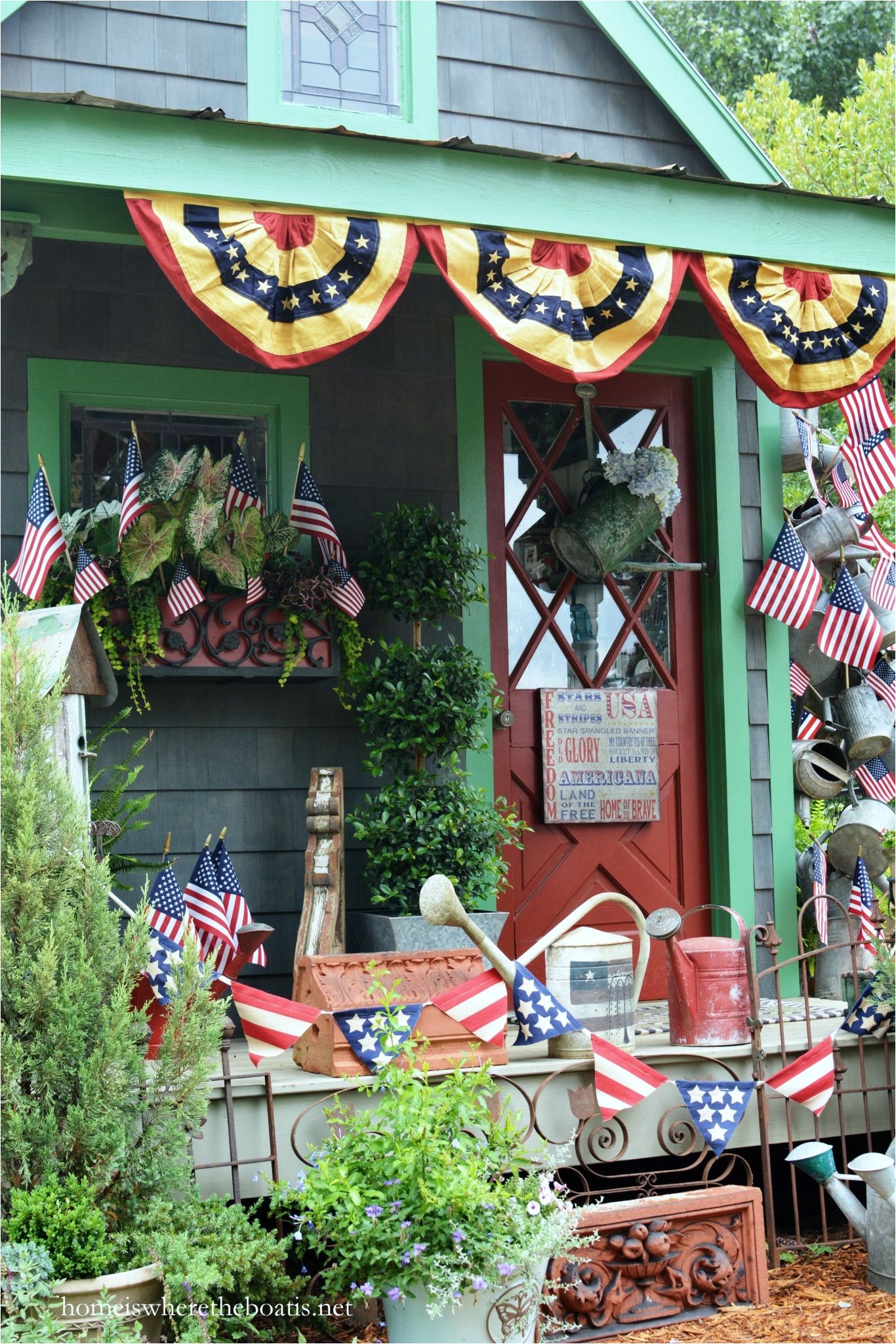 Patriotic Outdoor Decor Celebrating the Red White and Blue Potting Shed Decorated for