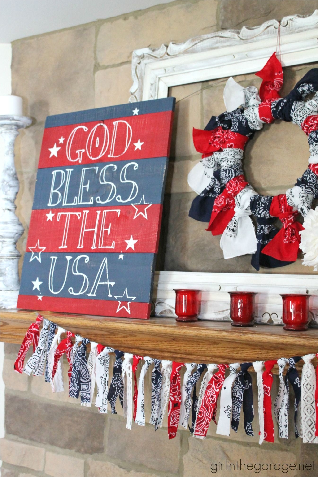 red white and blue 4th of july mantel girl in the garage