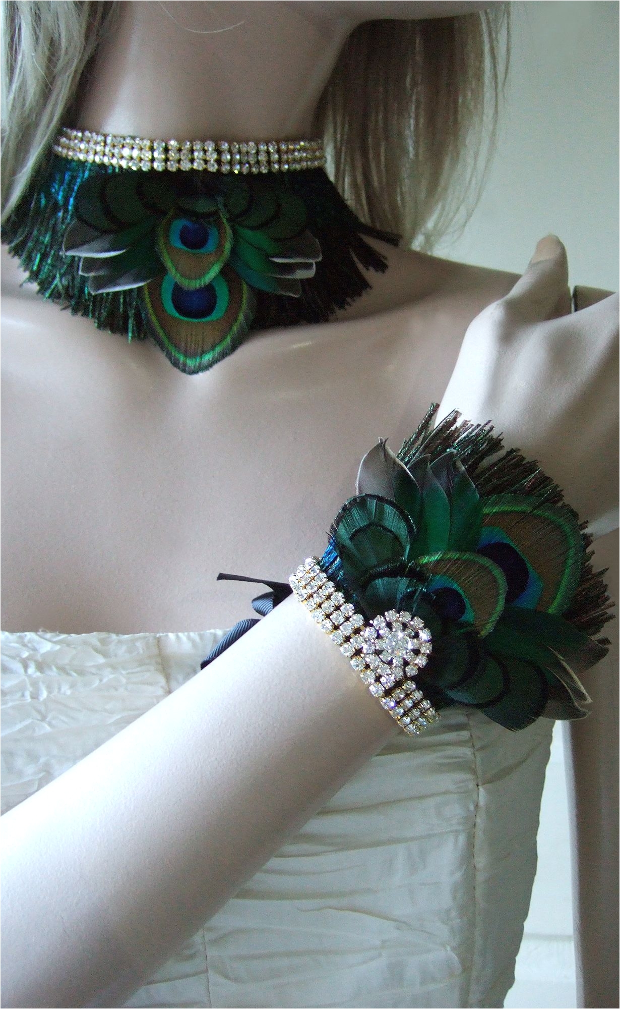 peacock feathers and teal duck with crystals flapper art deco style choker and wrist cuff set