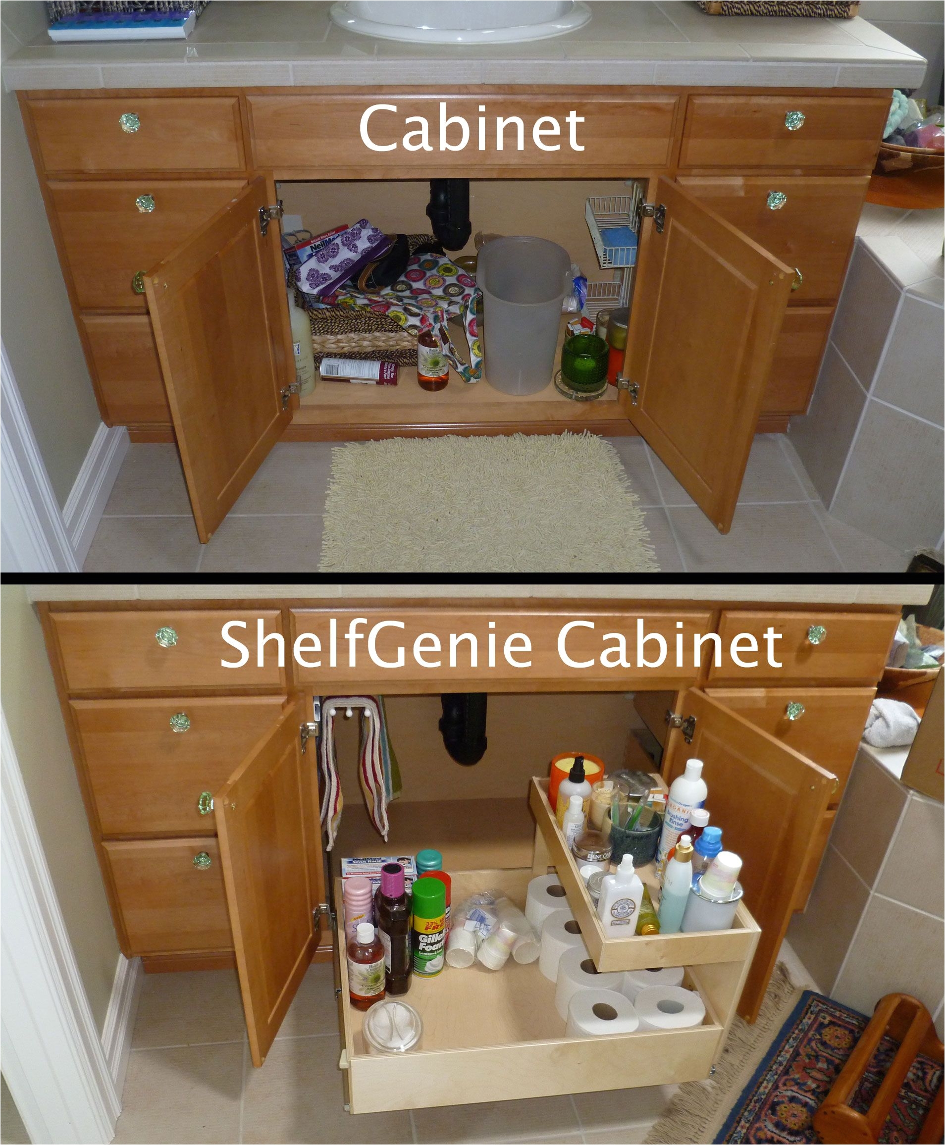 the recipe for turning this cabinet into a shelfgenie cabinet add one pull out towel bar one pull out shelf one riser shelf and enjoy