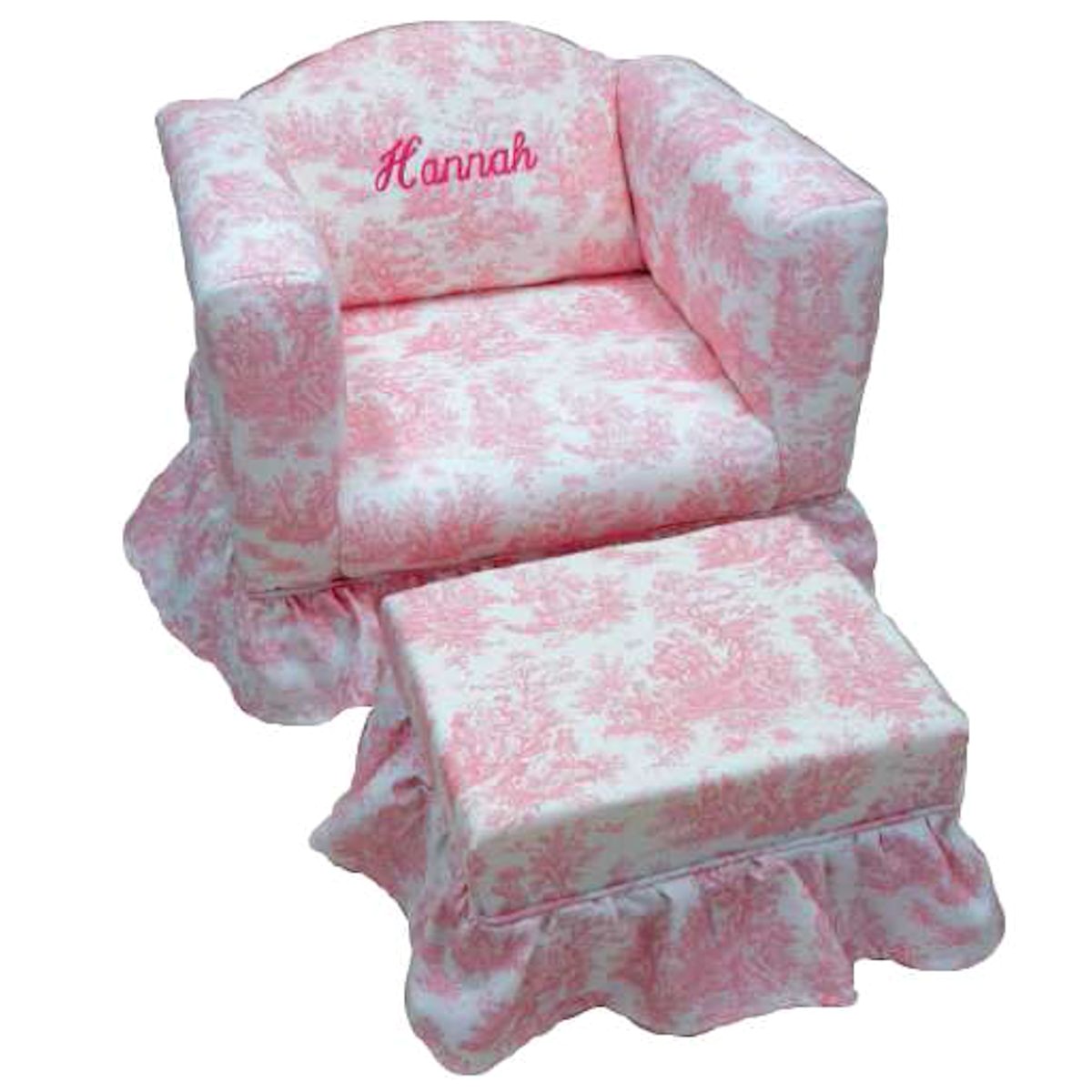 personalized upholstered kids chair w ruffled skirt