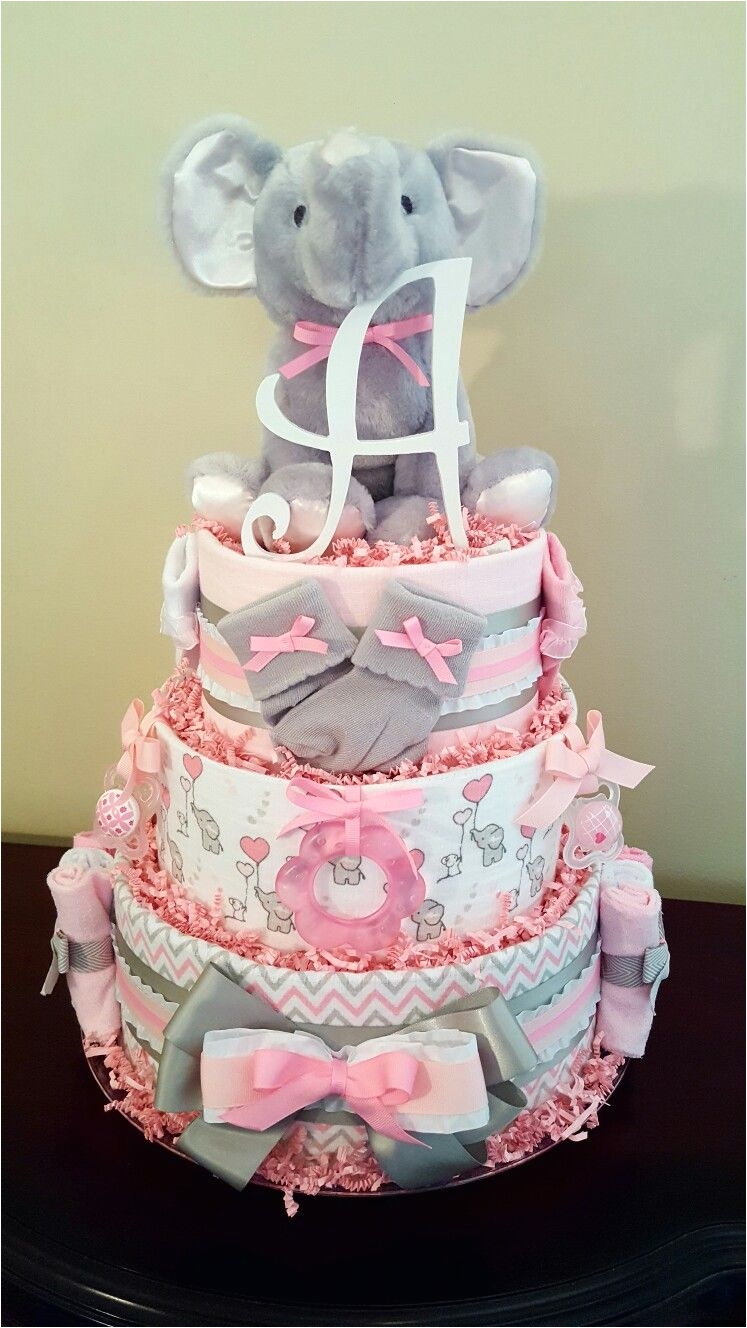 pink and gray baby girl elephant diaper cake just precious baby shower gift centerpiece check out my facebook page simply showers for more pics and