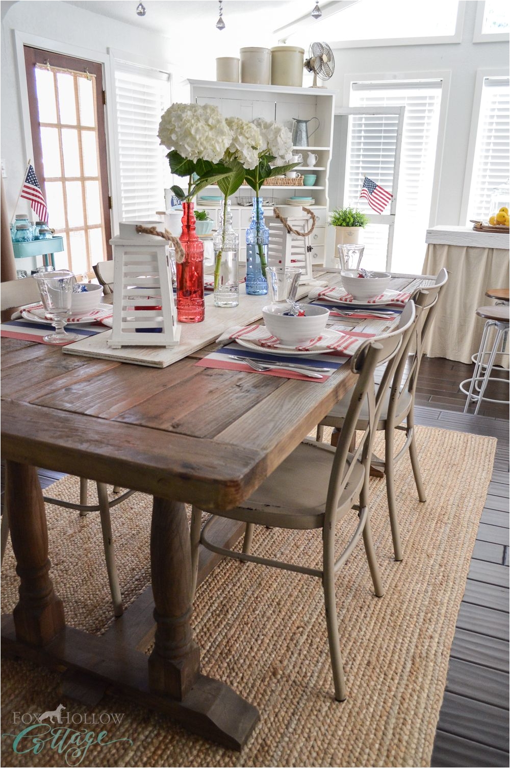 cottage farmhouse patriotic red white blue table farm table fourth of july dollar tree tablescape simple 4th of july table decorating ideas