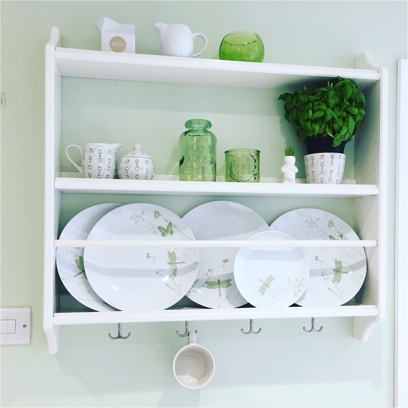 stenstorp ikea plate rack in a green and white kitchen shelfie shelf love