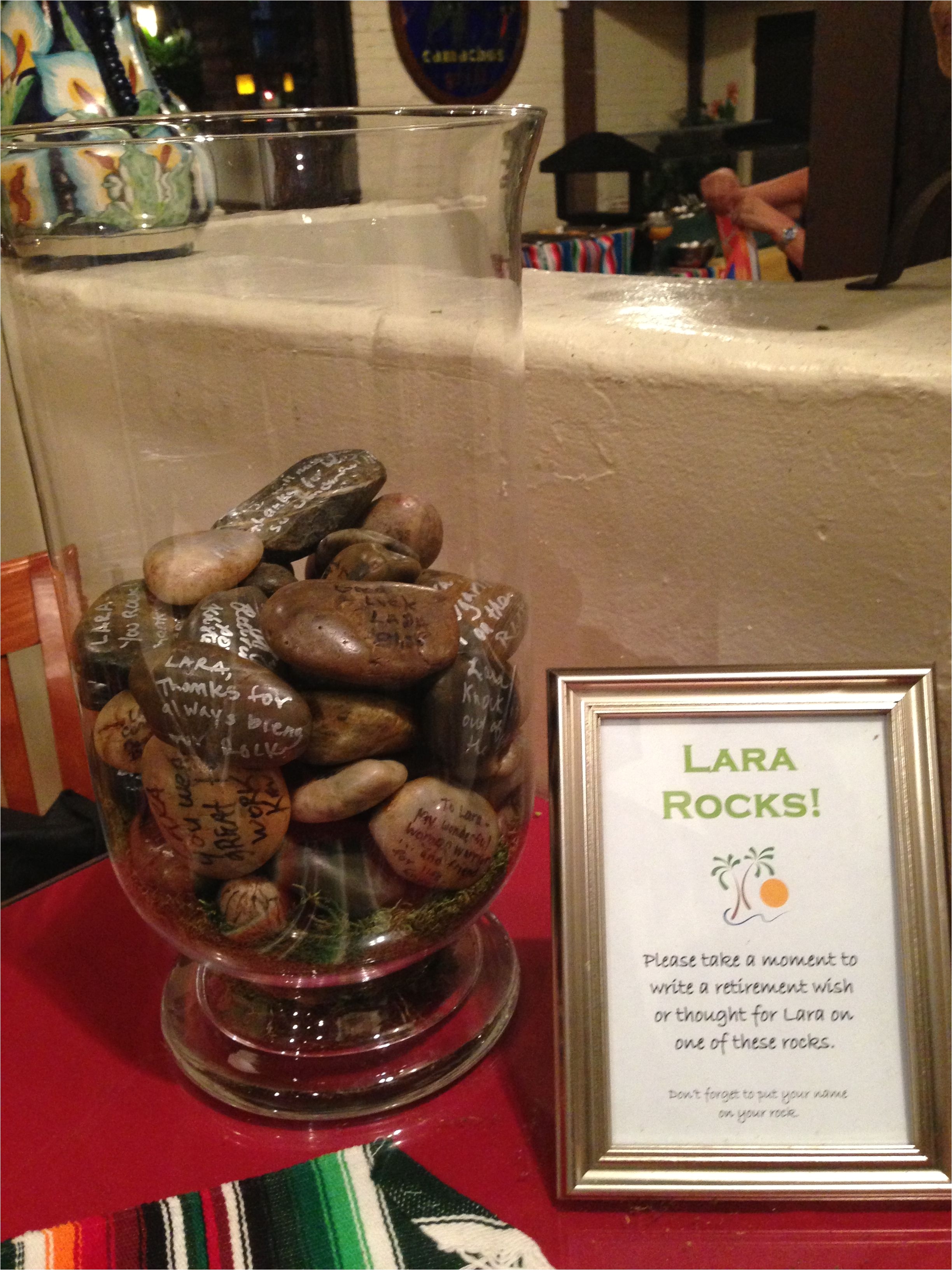 retirement party idea everyone wrote wishes and farewell messages on rocks and put it in vase retiree loved it