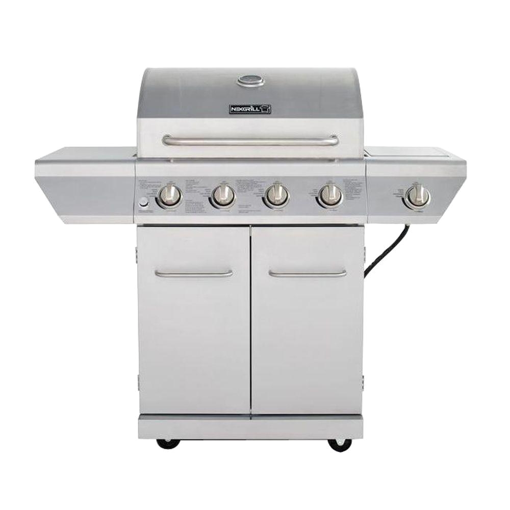 4 burner propane gas grill in stainless steel with side burner and stainless steel doors