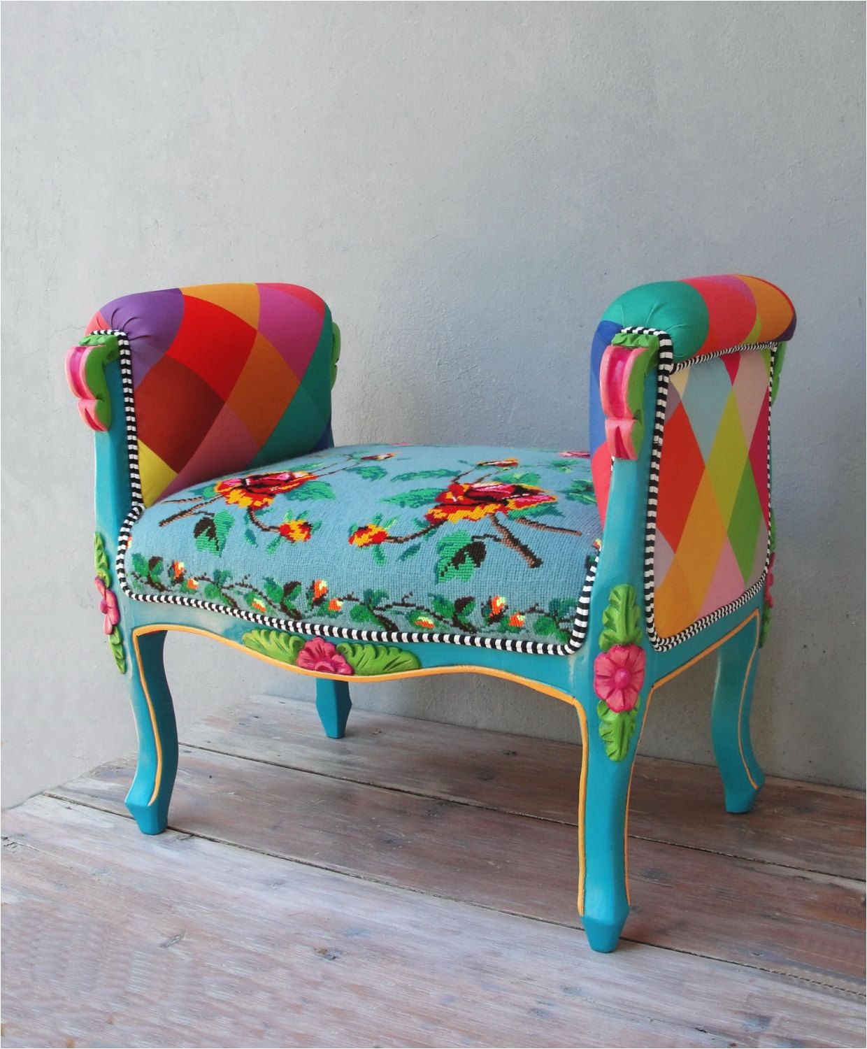 Purple Vanity Chair Rainbow Bench Bohemian Vanity Chair Embroidered Flower Power Vanity