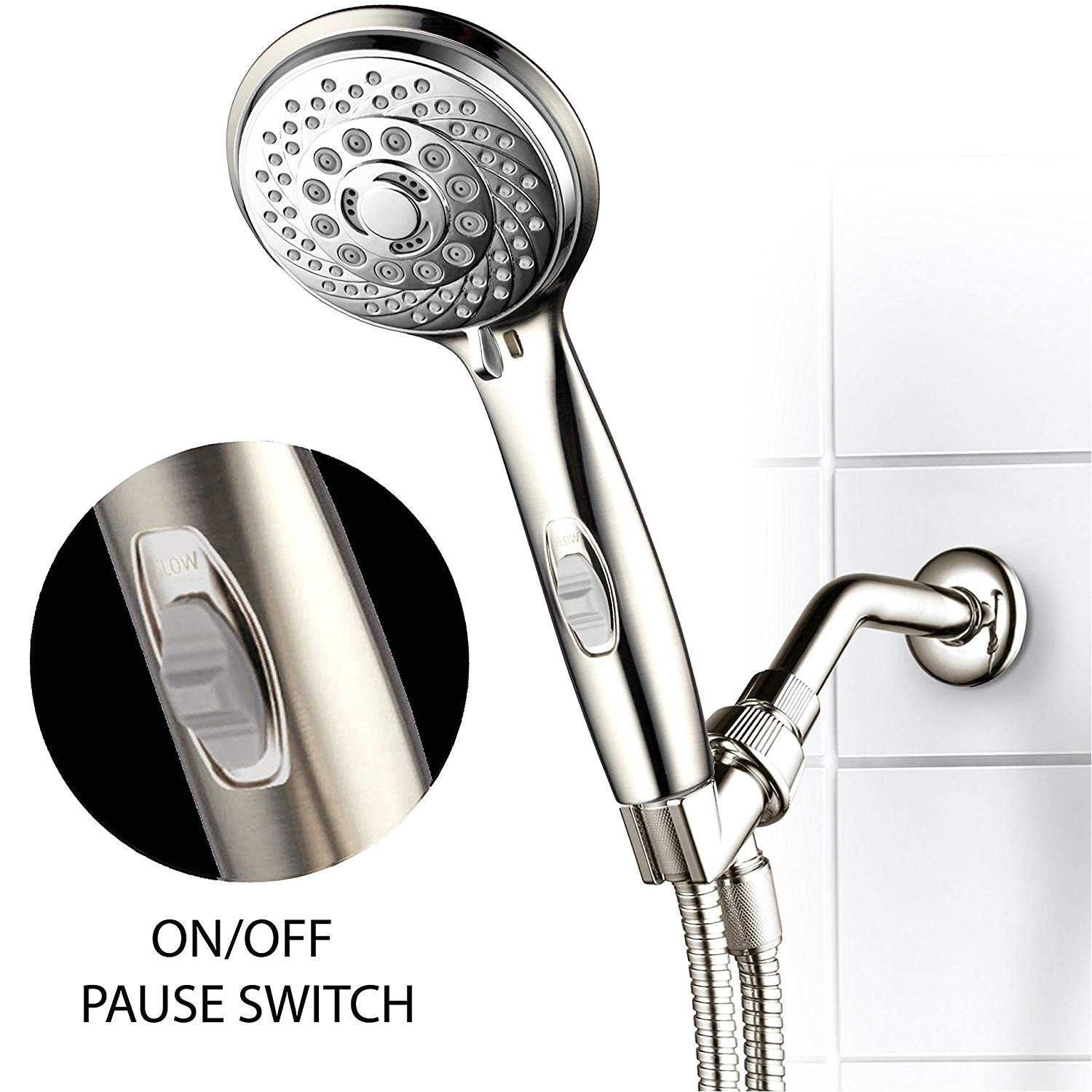 hotelspa 7 setting ultra luxury handheld shower head with patented on off pause switch brushed nickel chrome amazon com