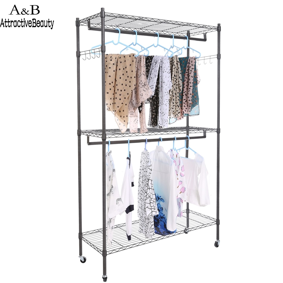 homdox large portable 3 tier wire shelving clothes shelf garment rack side hooks wheels in storage holders racks from home garden on aliexpress com