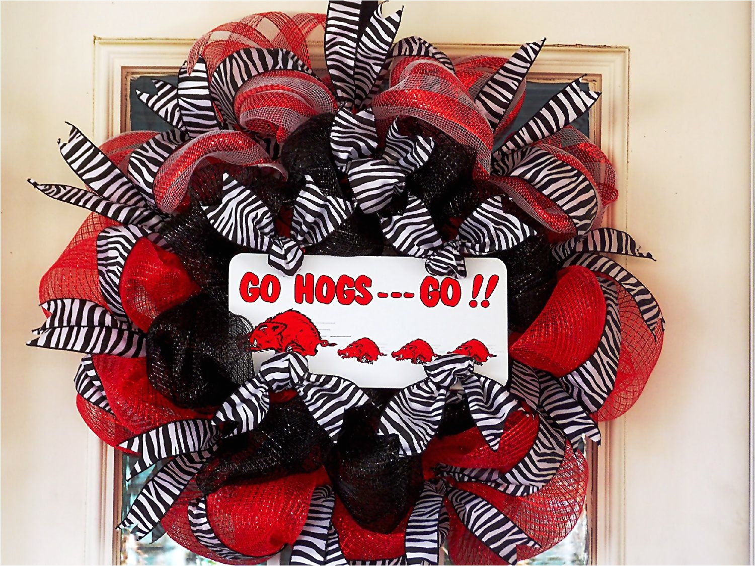 arkansas razorback wreath made with deco mesh zebra ribbon go hogs go 52 00 via etsy