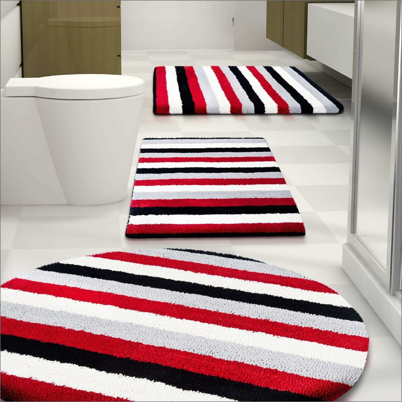red bath mats and rugs