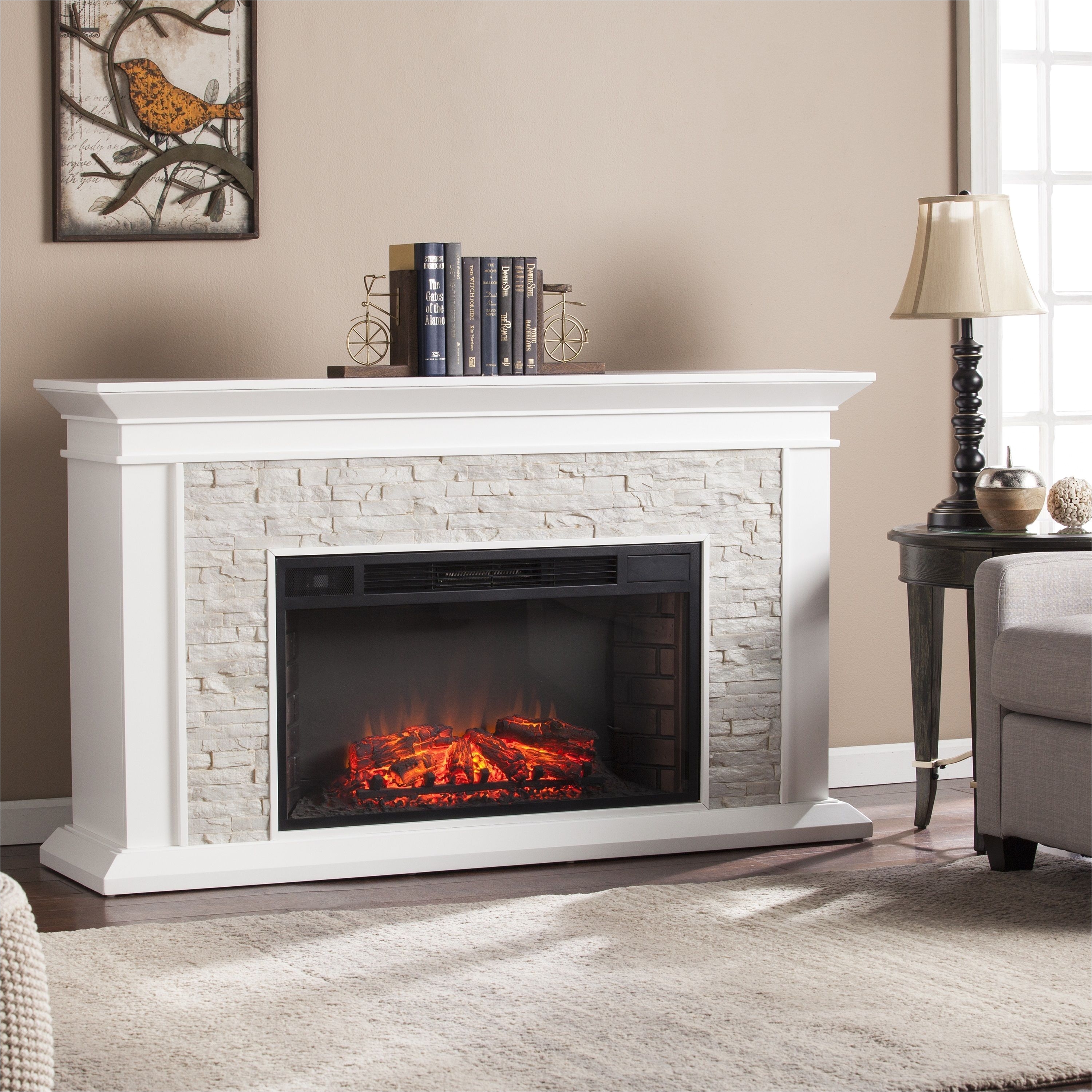 add a romantic touch to your dcor scene with this rustic inspired electric fireplace the